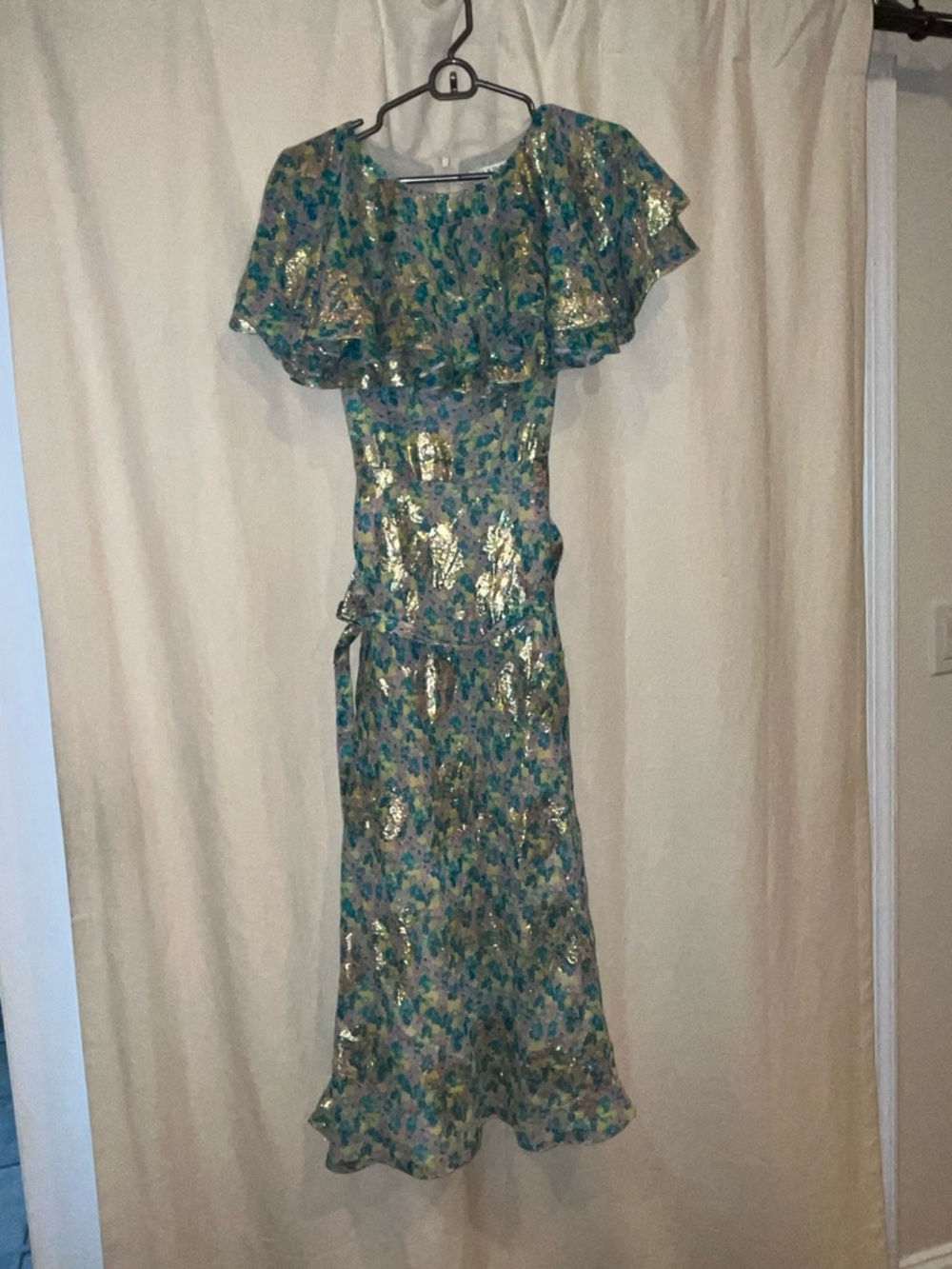 LK Bennett Teal and Gold Floral Ruffle Midi Dress